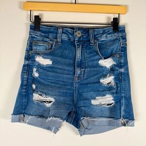 American Eagle Curvy‎ Hi-Rise Shortie Distressed Raw Hem Denim Jean Shorts 4